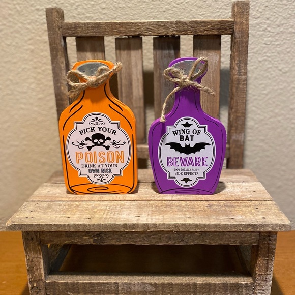 Halloween Potion Bottles Set Of 2, Pick Your Poison, Wing Of Bat, Wood Decor - Picture 2 of 16
